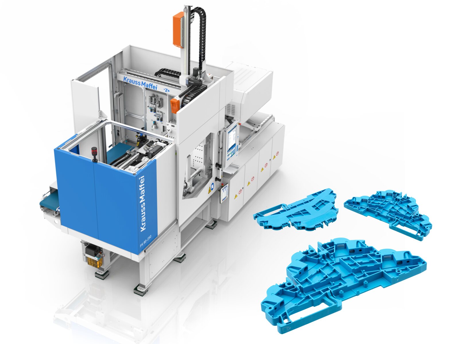 Wtryskarka KraussMaffei PX 80-250 w zautomatyzowanej komórce produkcyjnej z robotem liniowym, obok niebieskie wypraski z tworzywa sztucznego